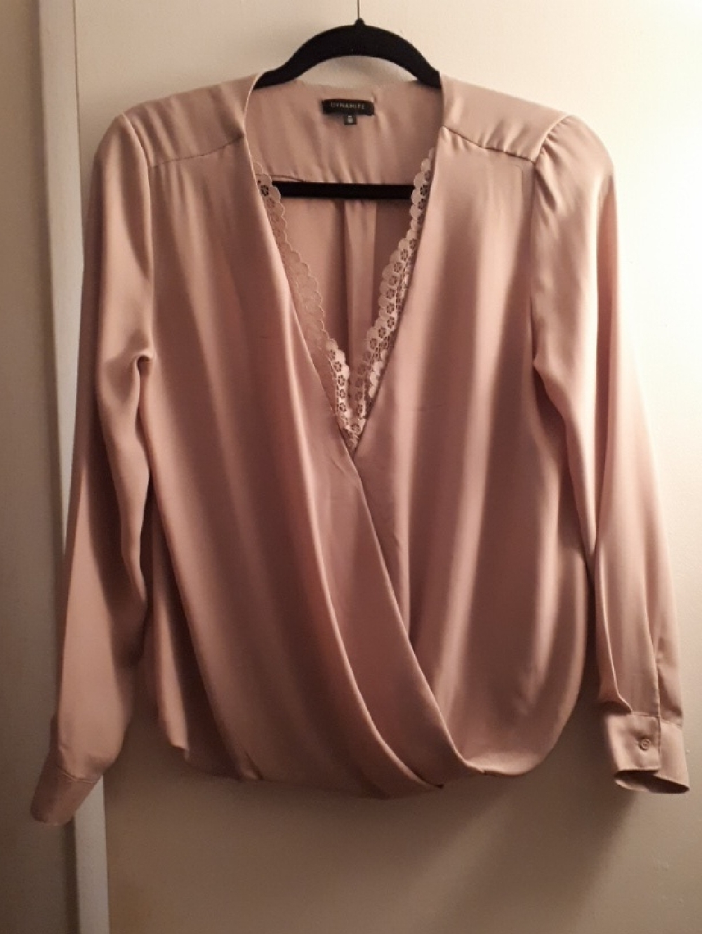 Dynamite Dusty Blush Wrap Blouse with Lace Trim